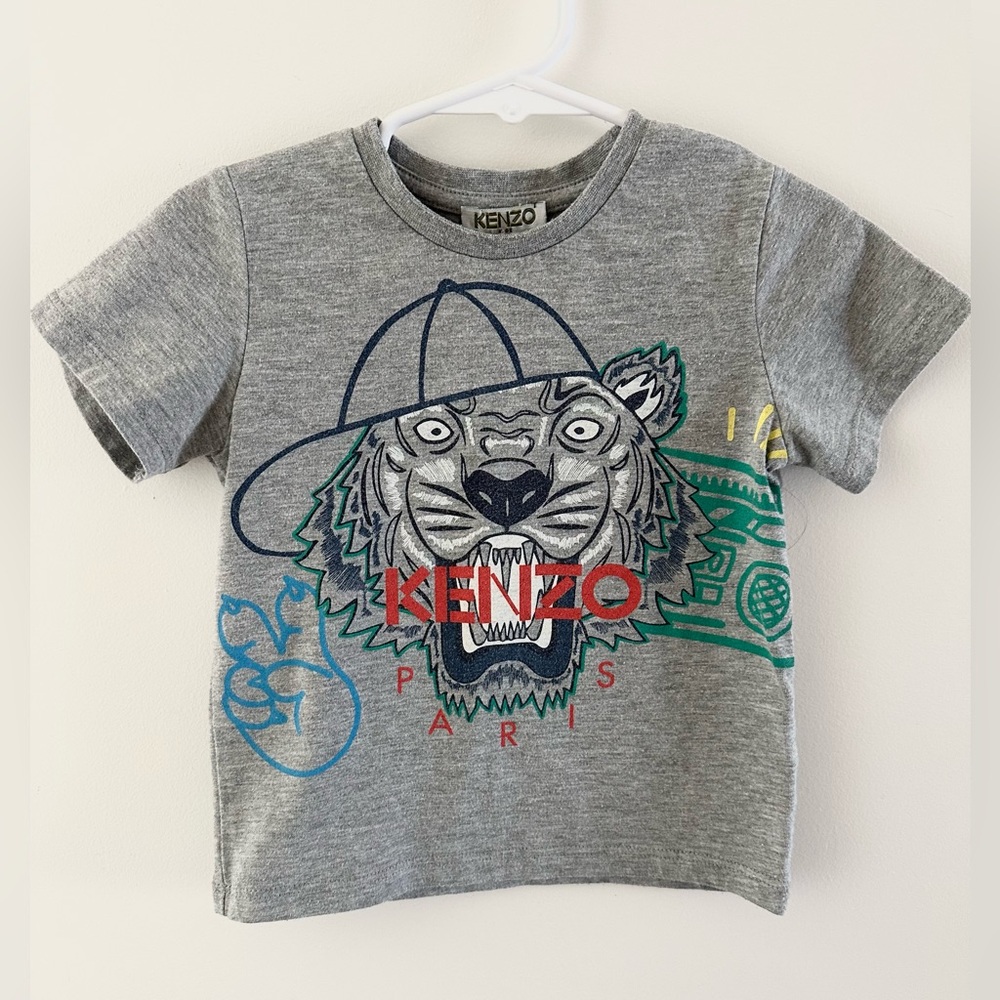 Kenzo Kids Gray T-Shirt with Colorful Tiger Graphic